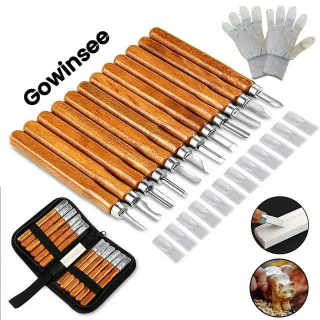 Gowinsee Wood Carving Tool Set with Canvas Case, 12 Carving Knives Made