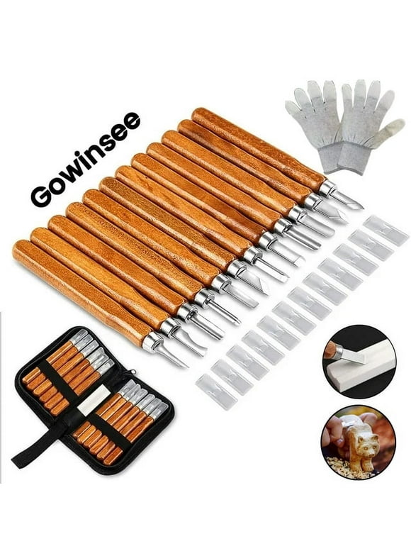 Gowinsee Wood Carving Tool Set with Canvas Case, 12 Carving Knives Made of SKS9 Carbon Steel, Wood Working Tools and Accessories, Wood Chisels for Woodworking