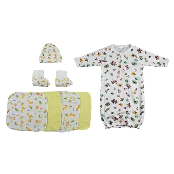 Gown, Cap Booties and Washcloths - 7 Pc Set