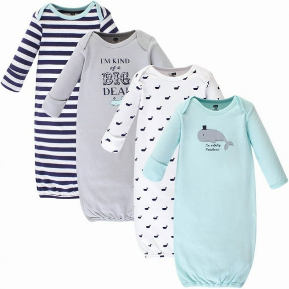 Hudson Baby Infant Boy Cotton Long-Sleeve Gowns 4pk, Handsome Whale, 0-6 Months