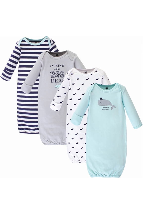Infant Boy Cotton Long-Sleeve Gowns 4pk, Handsome Whale, 0-6 Months