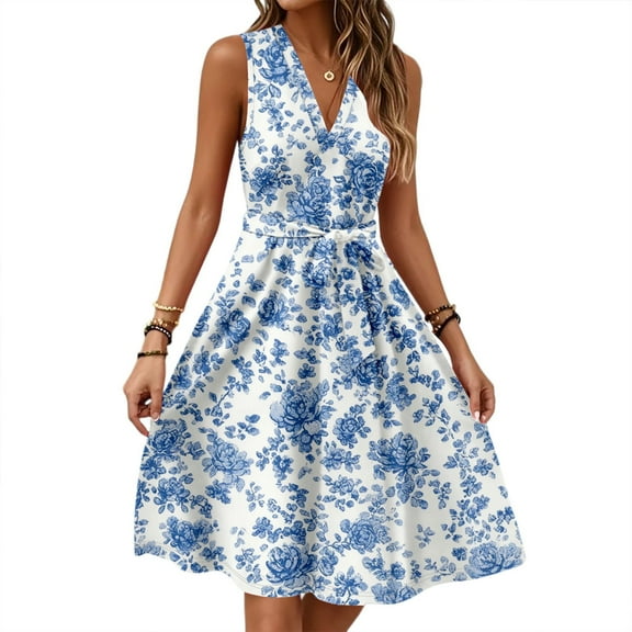Gowns And Evening Dresses, Casual V Neck Sleeveless Floral Tunic Tank Midi Dress Cocktail Beach Vacation Summer Dresses For Women 2025 Dress Ropa Para Mujer Casual Dresses (L, Sky Blue) ZMTing