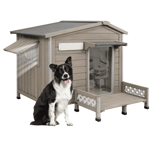 Gowoodhut 41" L Outdoor Dog House with Porch, Wooden Dog Kennel with Asphalt Roof