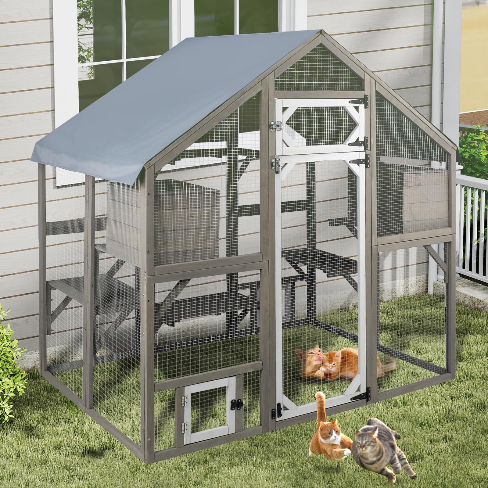 Gowoodhut 69.9" L Catio Outdoor Cat Enclosure for Multiple Cats，Wooden Walk in Cats Shelter Kitty Enclosure