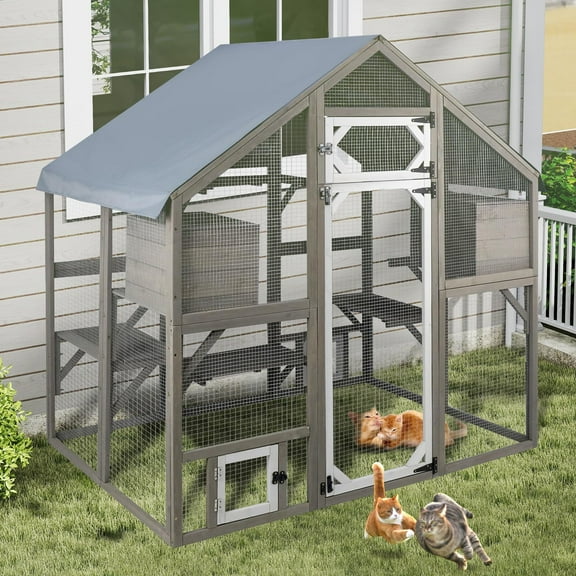 Gowoodhut 69.9" L Catio Outdoor Cat Enclosure for Multiple CatsWooden Walk in Cats Shelter Kitty Enclosure