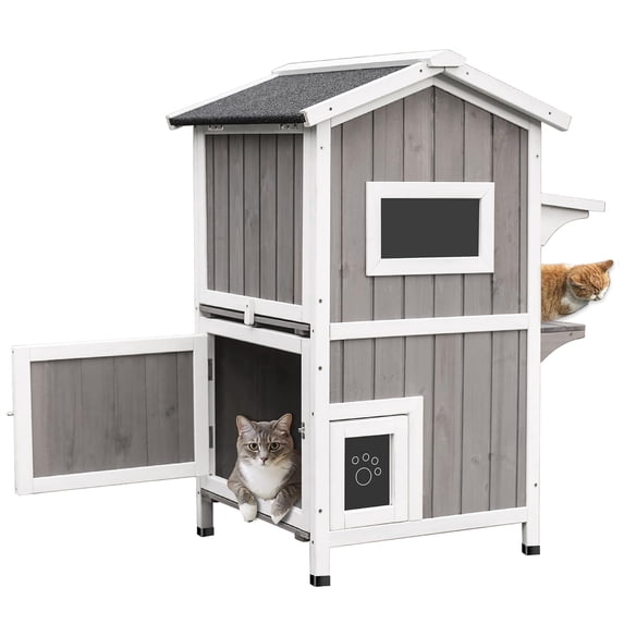 Gowoodhut Cat House Indoor Outdoor Feral Cat Shelter Kitty House with Escape Door, Gray