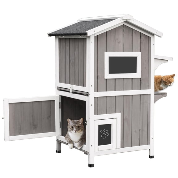 Gowoodhut Cat House Indoor Outdoor Feral Cat Shelter Kitty House with Escape Door, Gray