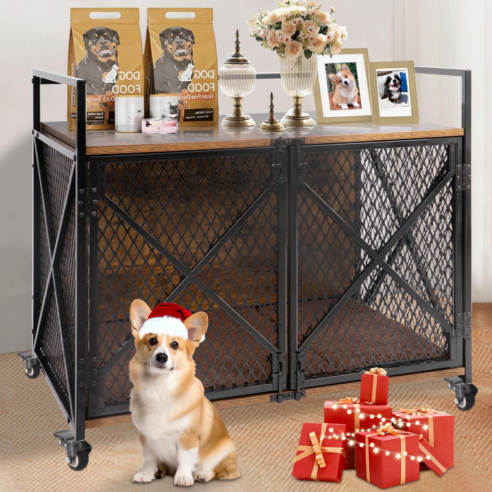 Gowoodhut Dog Crate, 31"L Wooden Dog Kennel Furniture with Cushion