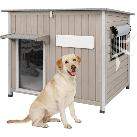 Gowoodhut Dog House Outdoor Weatherproof & Wooden Dog Kennel with Chew-Proof Iron Frame for Large and Medium Dogs