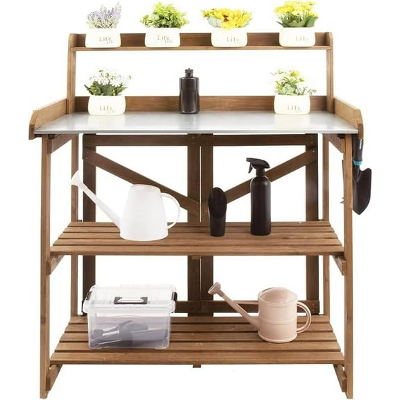 Gowoodhut Garden Potting Bench with Metal Tabletop,Outdoor Potting Table Workstation Benches with Drawer/Storage Shelf