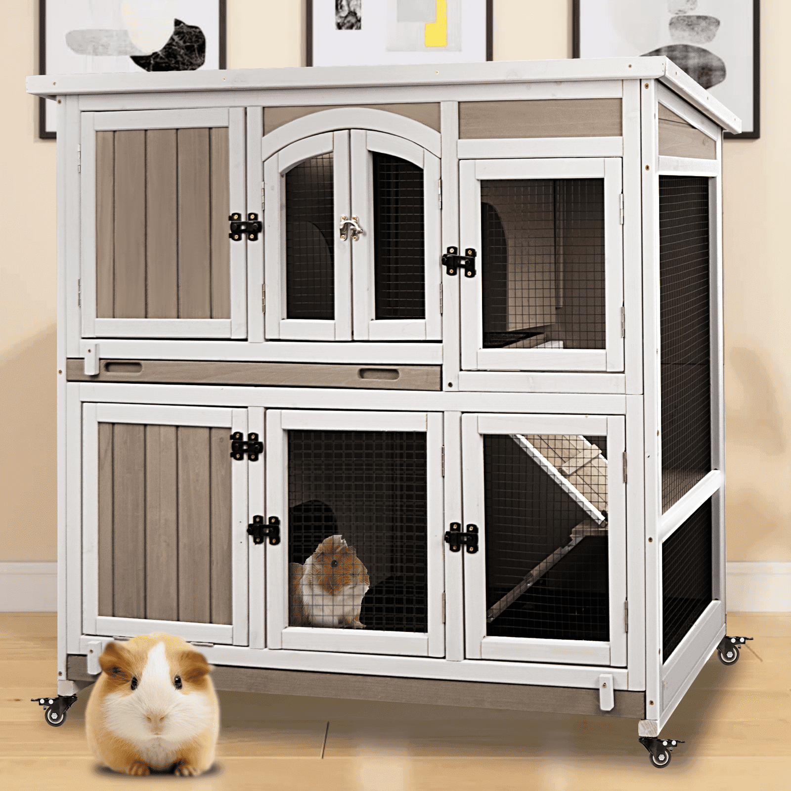 Gowoodhut Guinea Pig Cage Indoor Wooden 2-Story Rabbit Hutch on Wheels for Small Animals, Gray