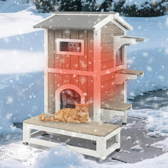 Gowoodhut Insulated Cat House, Outdoor Cat House Weatherproof with Jumping Platforms,Grey