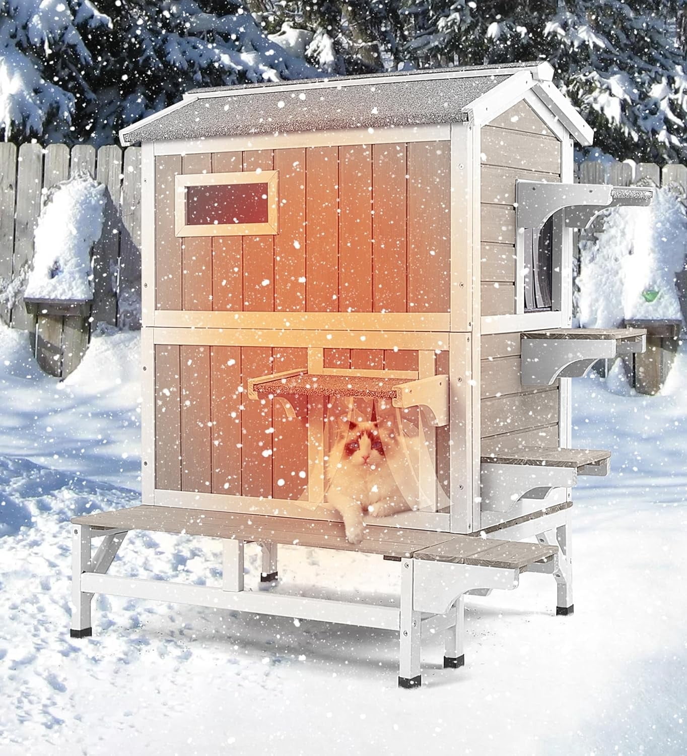 Gowoodhut Insulated Cat House for Winter, Wood Two Story Outdoor Cat House Weatherproof for Small Animals