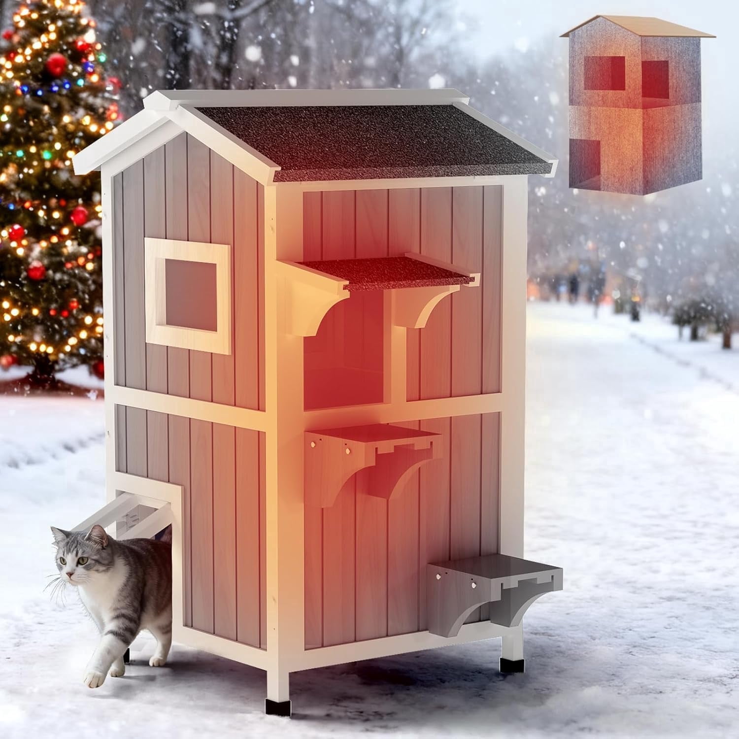 Gowoodhut Insulated Outdoor Cat House with  2 Story Weatherproof Elevated Outside Cat Shelter