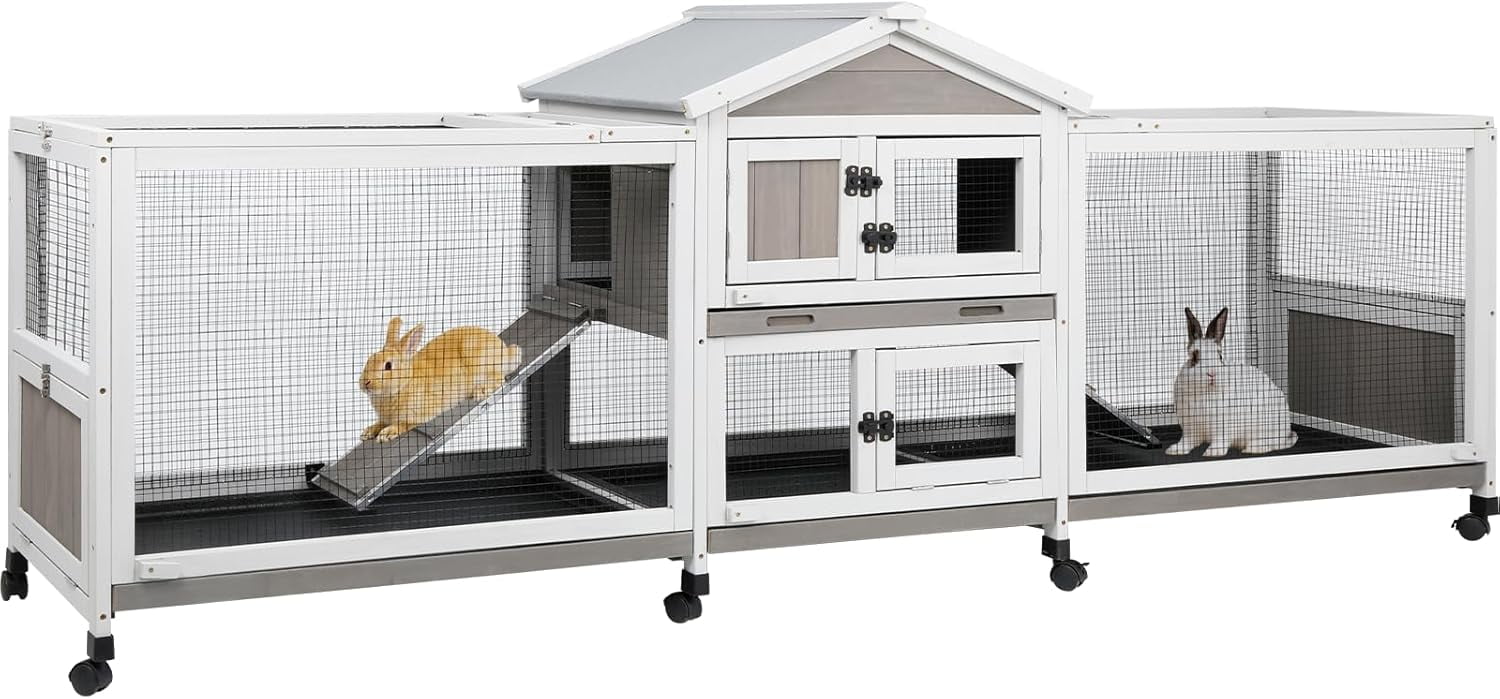 Gowoodhut Large Rabbit Hutch Outdoor Indoor with Run,  Rabbit Cage with 8 Wheels, Waterproof Roof, Guinea Pig Cage for Small to Medium Pets