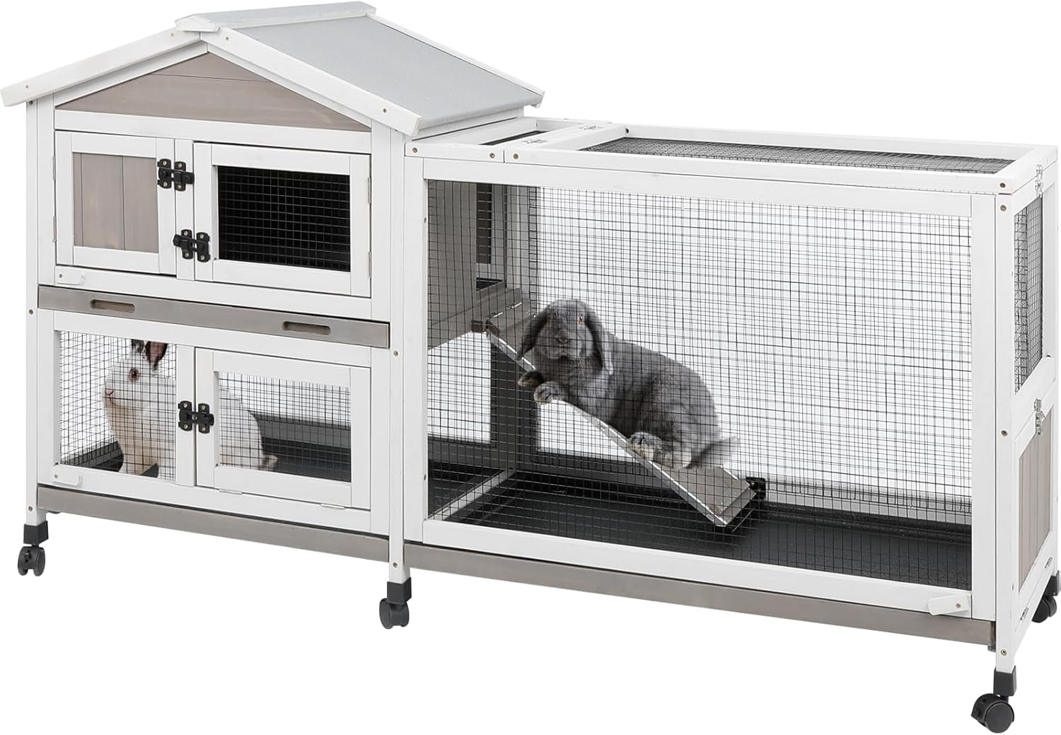 Gowoodhut Large Rabbit Hutch Outdoor with 6 Wheels, Wooden Indoor Bunny House Rabbit Cage with Run, for Small to Medium Pets