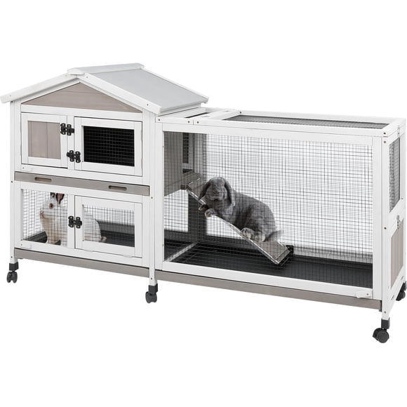 Gowoodhut Large Rabbit Hutch Outdoor with 6 Wheels, Wooden Indoor Bunny House Rabbit Cage with Run, for Small to Medium Pets