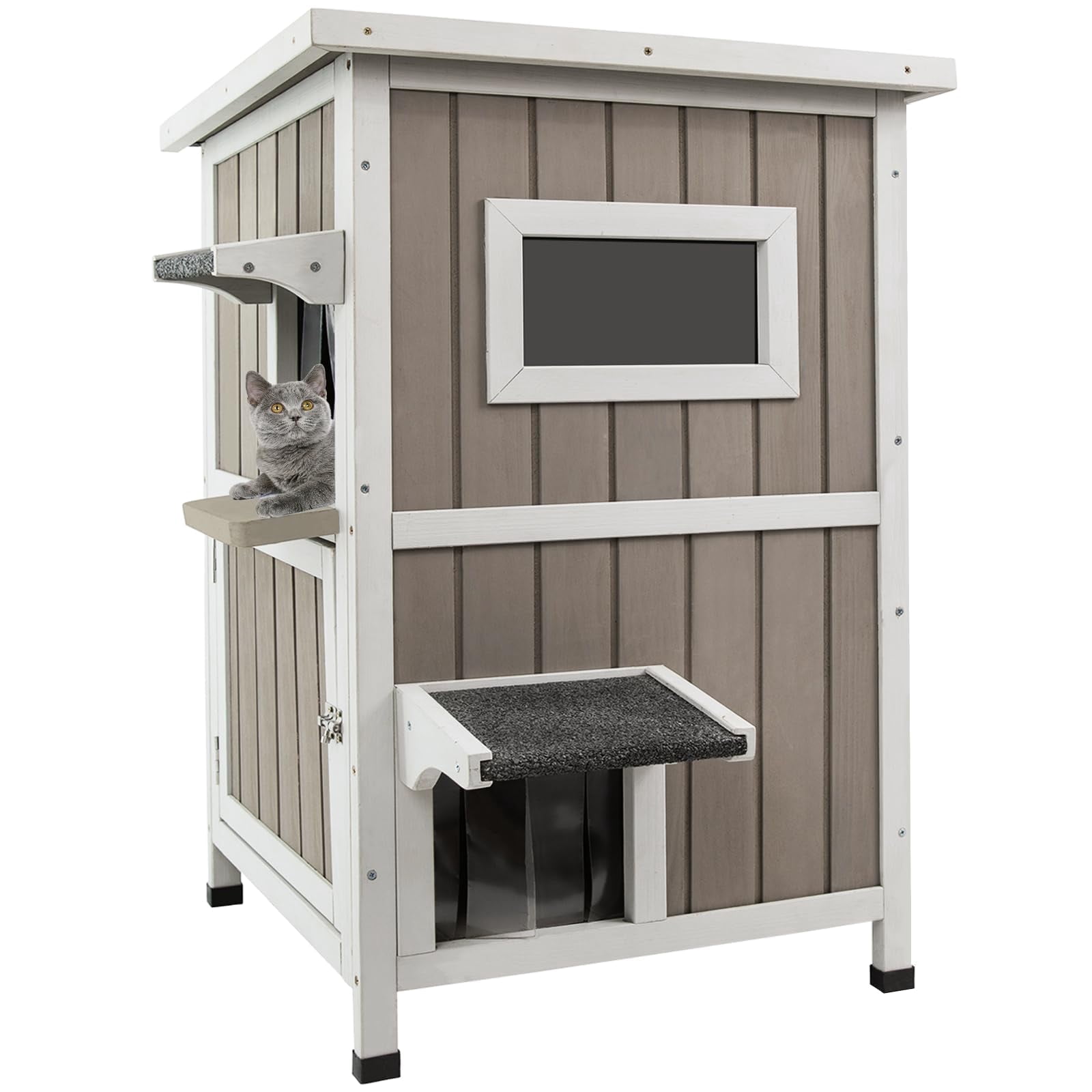 Gowoodhut Outdoor Cat House, 2-Story Feral Cat House with Escape Doors for Outside, Weatherproof