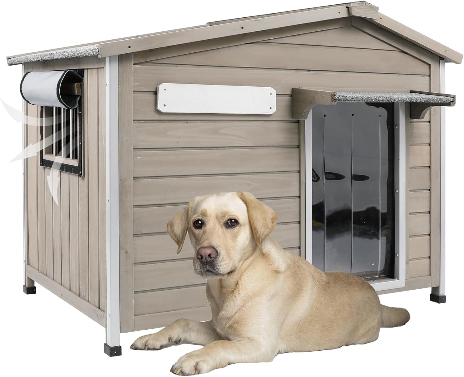 Gowoodhut Outdoor Dog House with Chew-Proof Iron Frame, Wooden Dog Kennel Weatherproof for Large and Medium Dog, 40.2" L x 26.4" W x 33.5" H