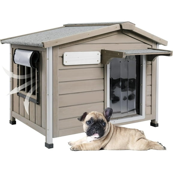 Gowoodhut Outdoor Dog House with Chew-Proof Iron Frame, Wooden Dog Kennel Weatherproof for Medium and Small Dog