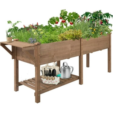Gowoodhut Outdoor Raised Garden Bed with Legs, Elevated Box with Grow Grid and Large Storage Shelf, Ideal for Vegetables, Flowers, and Herbs.
