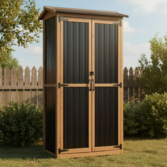 Gowoodhut Outdoor Storage Cabinet Weather-Resistant, Wood & Metal Storage Cabinet Outside for Garden