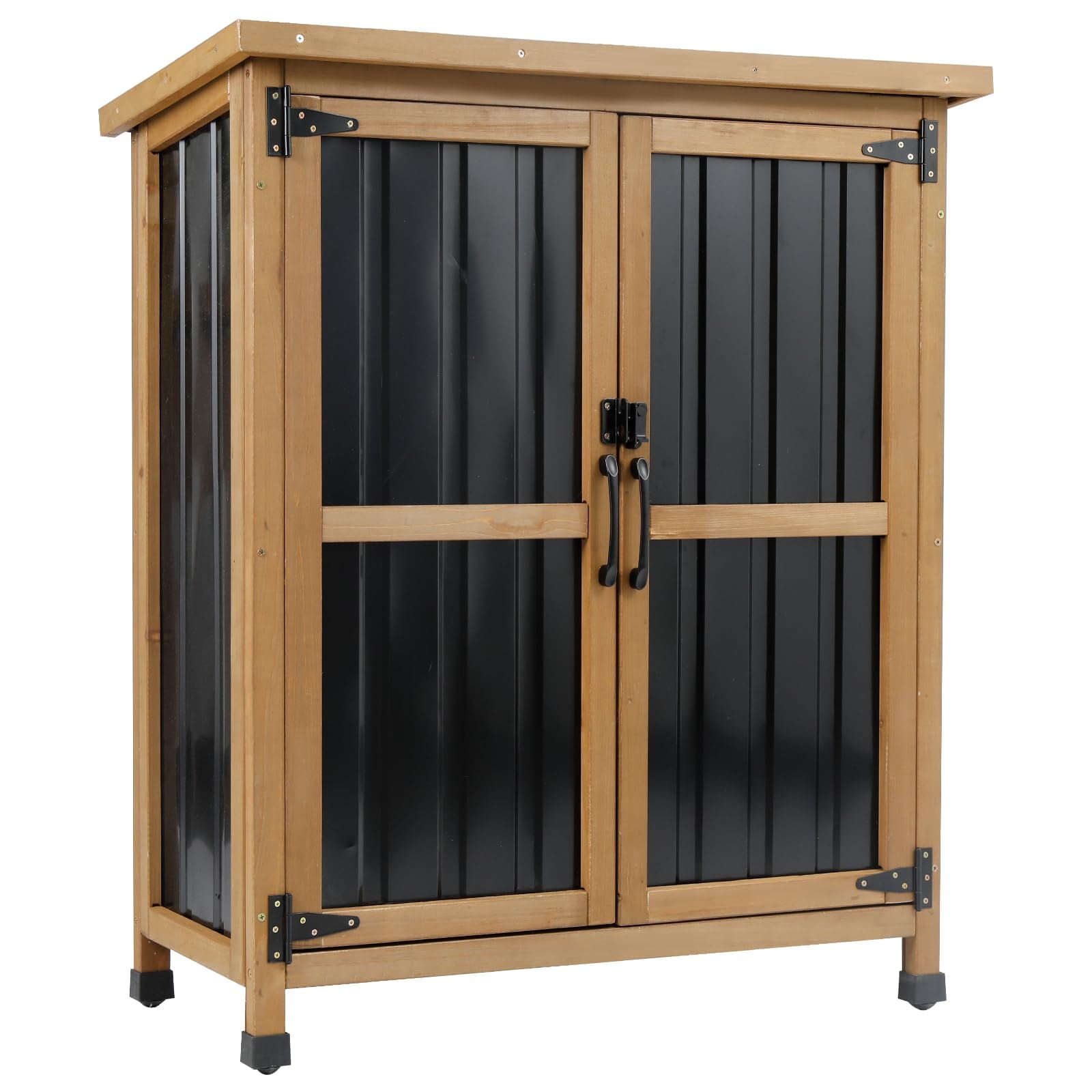 Gowoodhut Outdoor Storage Cabinet Wood Storage Shed Waterproof Roof, Double Lockable Doors Garden Shed with Removable Shelves for Patio, Garden