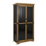 Gowoodhut Outdoor Storage Cabinet Wood & Metal, Tall Tool Shed with Weatherproof, Double Lockable Doors, Removable 3 Shelves, Adjustable Feet