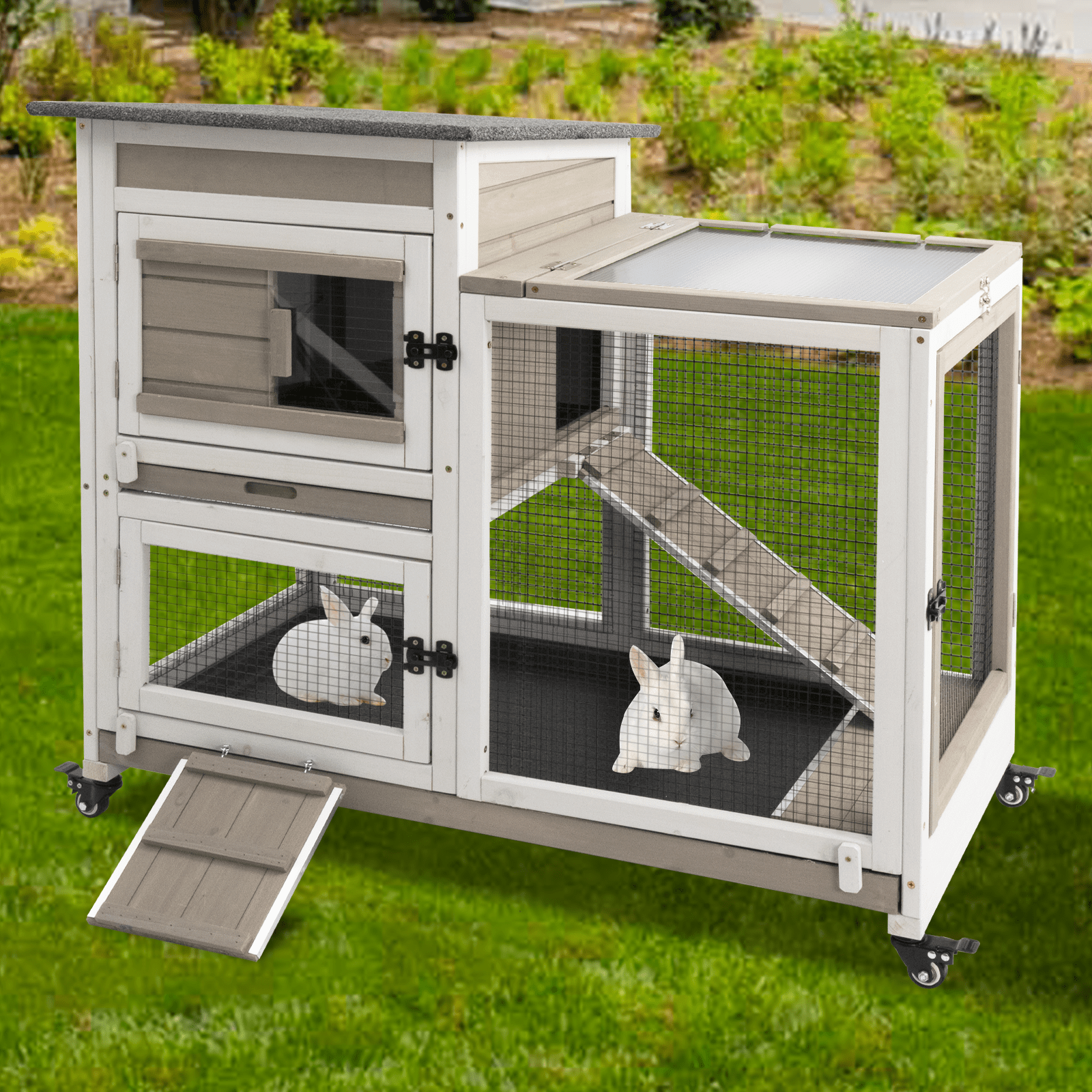 Gowoodhut Rabbit Hutch Indoor Large 2-Story Outdoor Wooden Bunny Hutch with Run on Wheels, Gray
