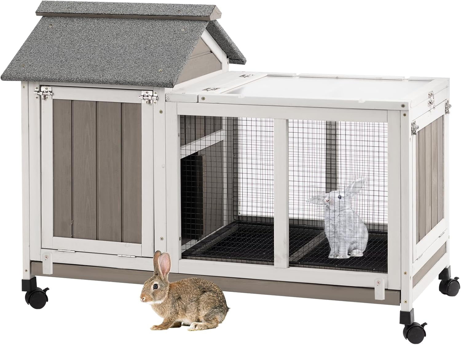 Gowoodhut Rabbit Hutch Indoor and Outdoor with 4 Wheels,Wooden Rabbit Cage  for 1-2 Rabbits,Bunny Hutch with Asphalt Roof Suitable ,Grey
