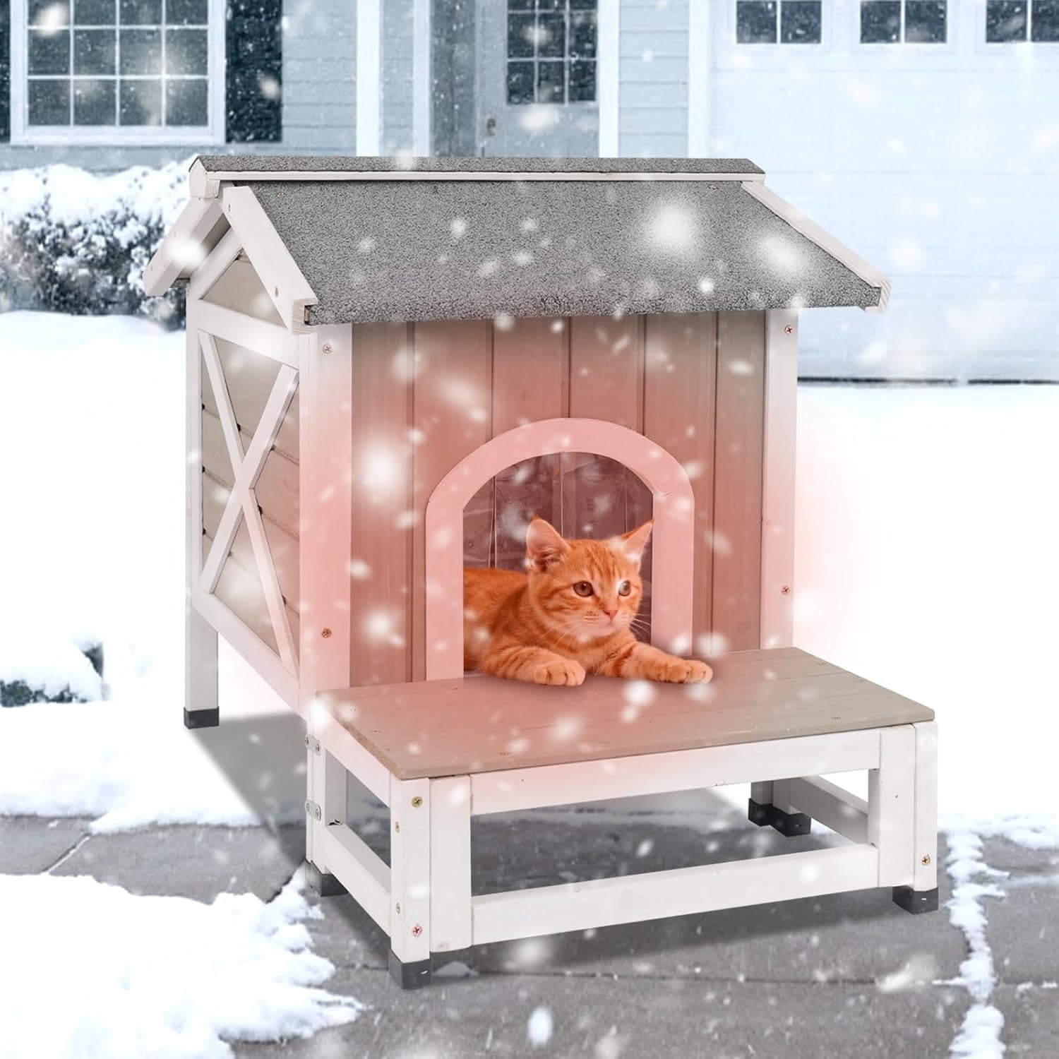 Gowoodhut Small Insulated Cat House, Wood Outdoor Cat House Weatherproof with Cat Scratching Cloth for Winter, Grey