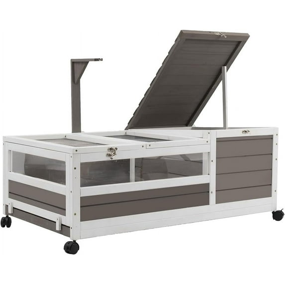 Gowoodhut Tortoise Habitat On Wheels Large Wooden Tortoise House Outdoor Reptile Cage with Leak-Proof Trays