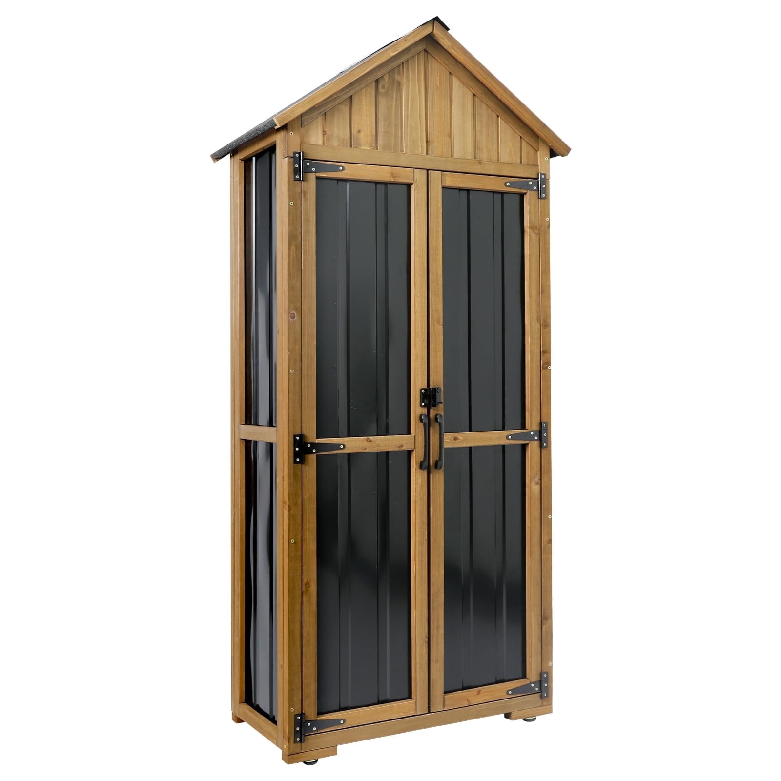 Gowoodhut Outdoor Storage Cabinet Waterproof, Outdoor Storage Shed with Shelves, Wood & Metal Patio Backyard Garden Storage Cabinet Tool Organizer for Outside
