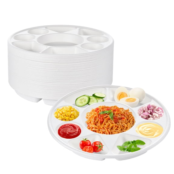 Goxfaca Plates with Dividers Divided Dinner Plates 9 Compartment Heavy Duty Serving Plate Sugarcane Plate for Parties Events Catering to Varieties of Food appealing
