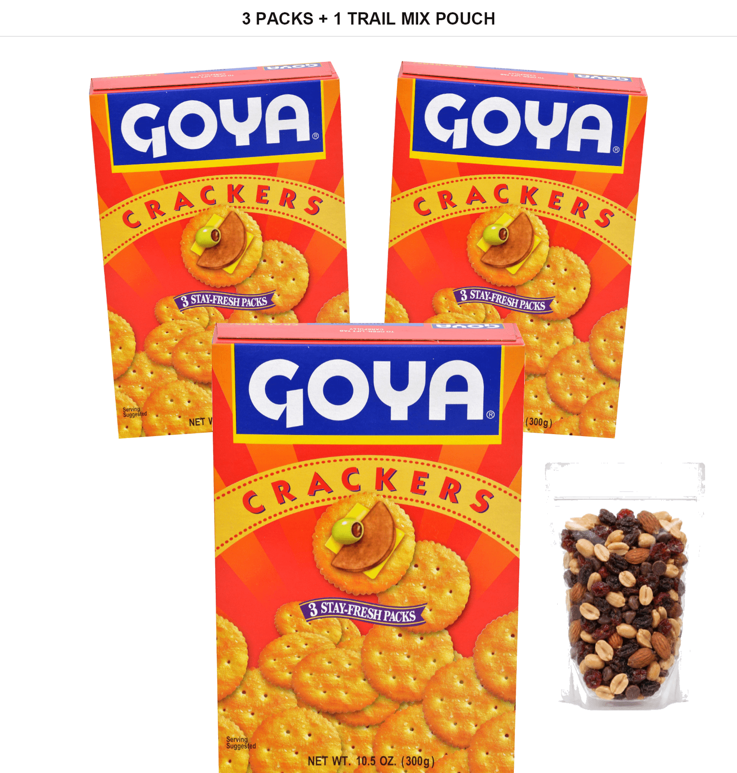 Goya Original Crackers, 10.5 oz, 3 Packs with 1 Bybies Trail Mix Pouch, 2 oz