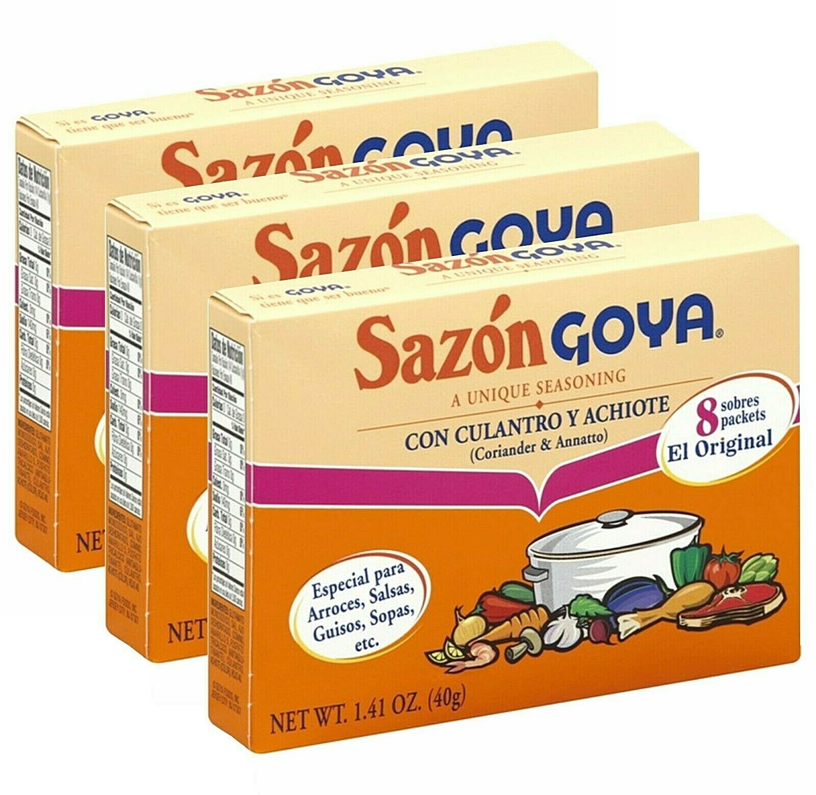 Goya Sazon Seasoning Coriander & Annatto, 8 Packets (Pack of 3