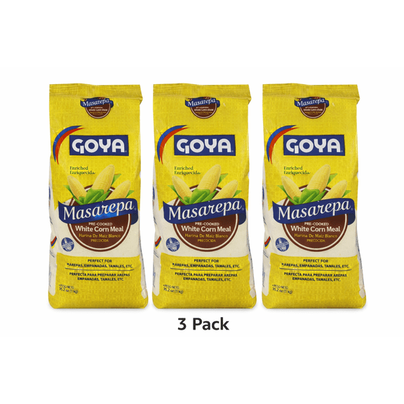 Goya White Corn Meal Masarepa 35.2 oz Pouch (Pack of 3)  Pre-Cooked White Corn Flour for Arepas, Empanadas & Latin Recipes