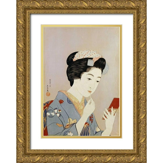 Goyo, Hashiguichi 24x32 Gold Ornate Wood Framed with Double Matting Museum Art Print Titled - A Maiko Applying Rouge To Her Lips