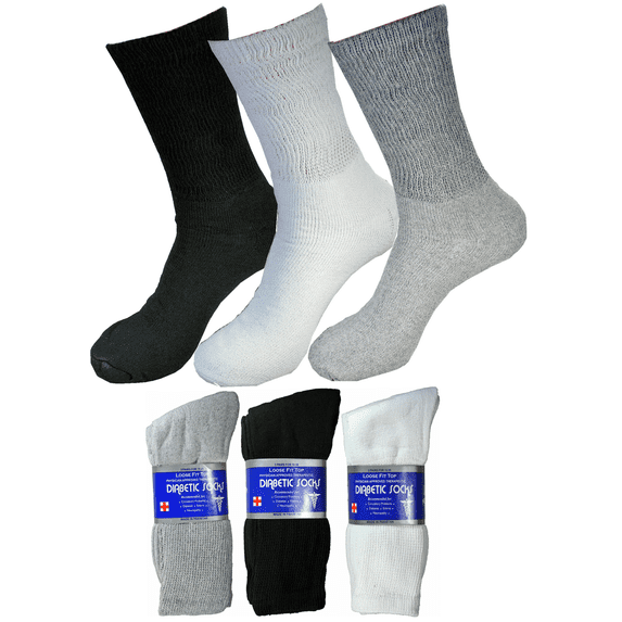 Goyoma Diabetic Socks Men's & Women Crew Cotton Style,Breathable Cotton - Loose Fitting Design,3,6,12 Pairs Lot,Black/White/Gray Color,Size:9/13