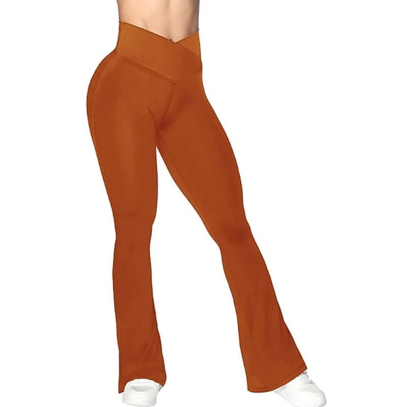 Goyoma Flare Leggings, Crossover Yoga Pants with Tummy Control, High-Waisted and Wide Leg,Coffee