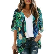 Goyoma Women's Floral Print Puff Sleeve Kimono Cardigan Loose Cover Up Casual Blouse Tops,Size:XL,Color:Black Green Tropical