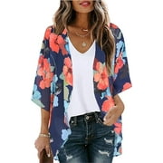Goyoma Women's Floral Print Puff Sleeve Kimono Cardigan Loose Cover Up Casual Blouse Tops,Size:XXL;Color:Oil Ink Blue