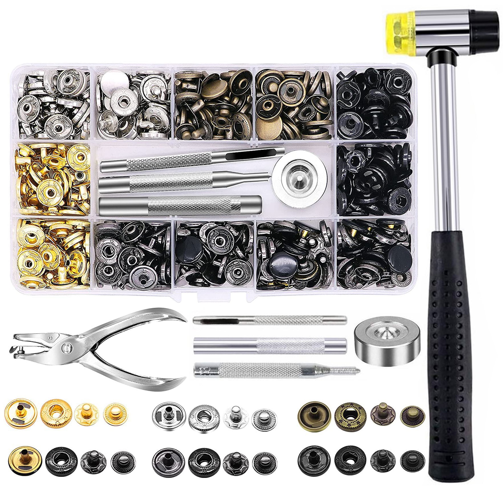 Goyunwell 120 Set Snap Fasteners Kit for Leather 12.5 mm Metal Button Snaps  Press Studs 4 Setter Tools 1 Hammer 1 Punch Pliers 6 Colors 