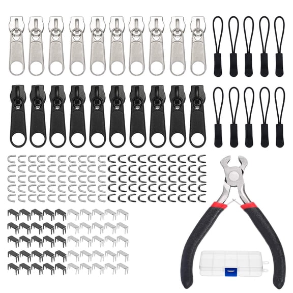 Goyunwell 182Pcs Zipper Repair Kit Zipper Replacement Kit Zipper Install Pliers Tool Zipper Extension Pulls for Clothing Jackets Purses Luggage Backpacks (Silver and Black)
