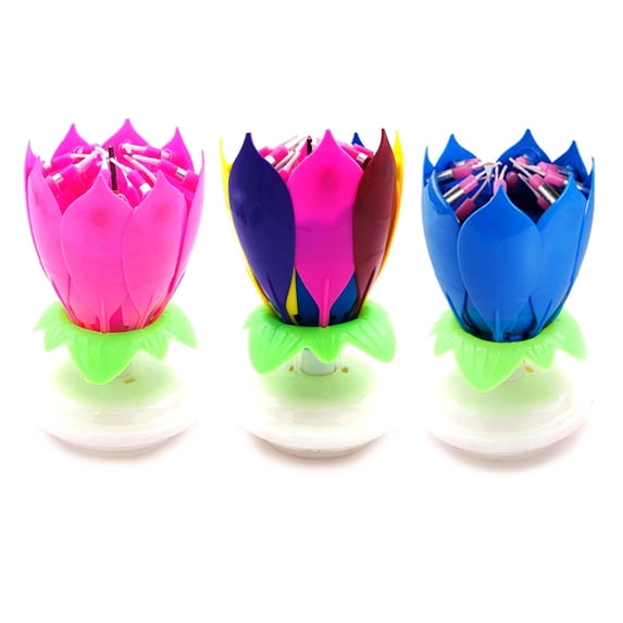 Goyunwell 3pcs Birthday Candles Flower Lotus Music Rotatable 2 Layers Candles Colorful Pink Blue
