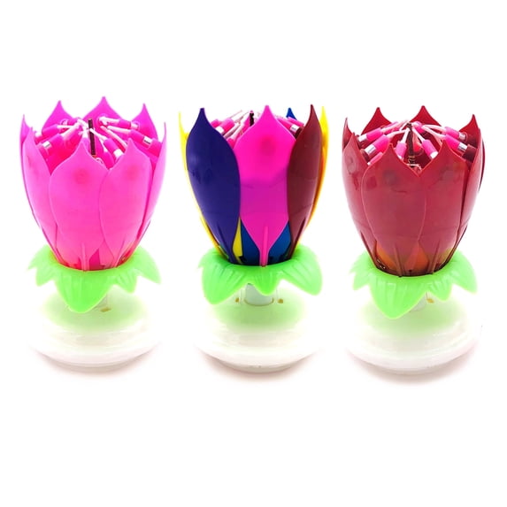 Goyunwell 3pcs Birthday Candles Flower Lotus Music Rotatable 2 Layers Candles Colorful Pink Red