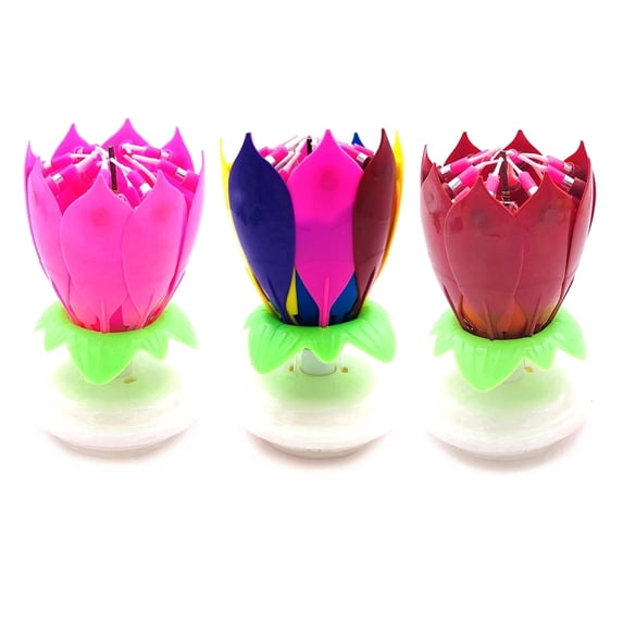 Goyunwell 3pcs Birthday Candles Flower Lotus Music Rotatable 2 Layers Candles Colorful Pink Red