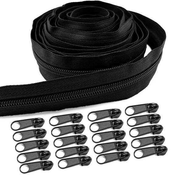 Goyunwell #5 Black Zipper Tape by The Yard 10 Yard 20pcs Black Zipper Pulls for Sewing Purse Bag