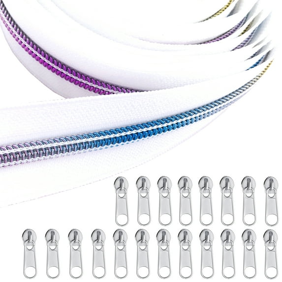 Goyunwell #5 White Rainbow Zipper Tape 10 Yard White Zipper Tape by The Yard Roll Nylon Coil Zippers for Sewing 20 pcs Silver Zipper Pulls Long Zippers for Purses and Bags Craft