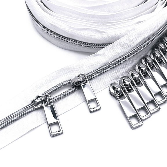 Goyunwell #5 White Zippers 5 Yards Nylon Zipper Tape 10Pcs Silver Zipper Pulls Sliders